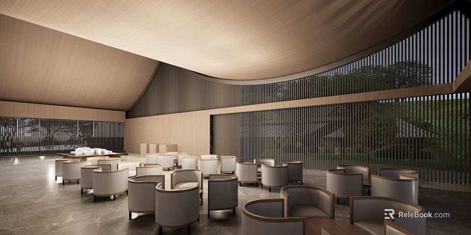 Modern Sales Office Featuring Curved Roof Wooden Walls Round Sofas And Green Plants Outside Windows 3d model 