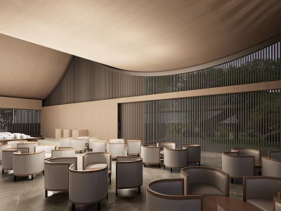 Modern Sales Office Featuring Curved Roof Wooden Walls Round Sofas And Green Plants Outside Windows 3d model