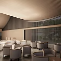 Modern Sales Office Featuring Curved Roof Wooden Walls Round Sofas And Green Plants Outside Windows