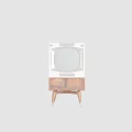 Vintage White Television Set Placed On Retro Wooden Cabinet With Drawers