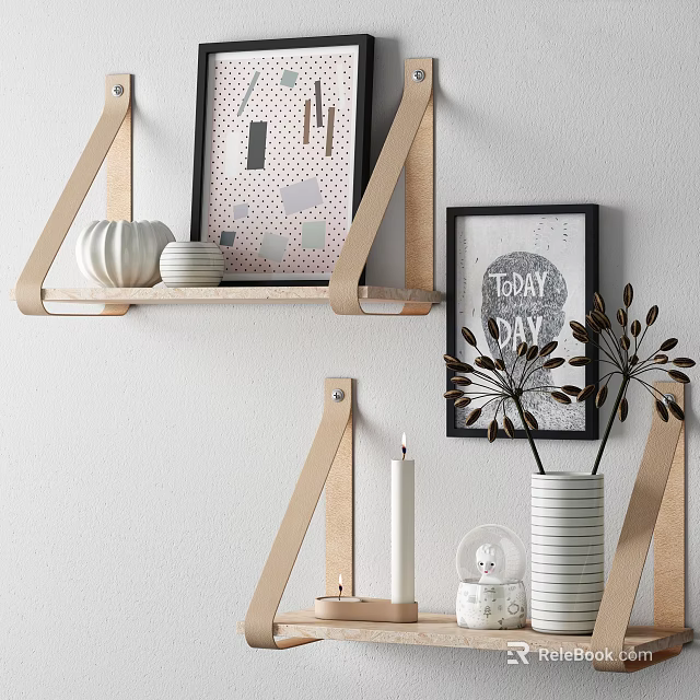 Decorative Wooden Wall Shelves With Pumpkin Candles Vases And Framed Art Decorations 3d model 
