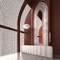 Modern Luxury Hotel Reception Desk with Elegant Perforated Screens Wooden Frame and White Pendant Light