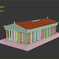 Cartoon Scene Featuring 3D Ancient Temple Model With Red Roof White Columns And Steps