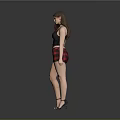 Stylish Woman In Black Tank Top Red Plaid Shorts Against Gray Background With High Heels