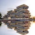 Modern Architectural Design With Multi Layered Structure And Water Reflection On Plaza 3d model