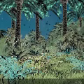 Cartoon Scene of Moonlit Tropical Jungle With Palm Trees Fireflies Grass And Flowers