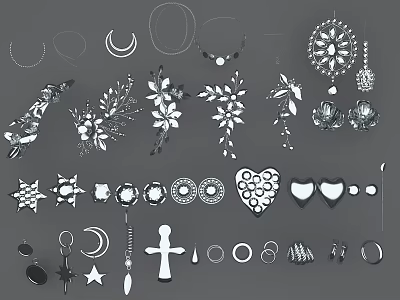 Fashionable Jewelry Accessories Collection With Necklaces Earrings Rings Floral Heart Star And Cross Designs 3d model