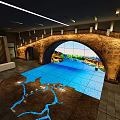 Modern Cultural Center Interior Featuring Arch Structure And Blue River Pattern Floor Projection 3d model
