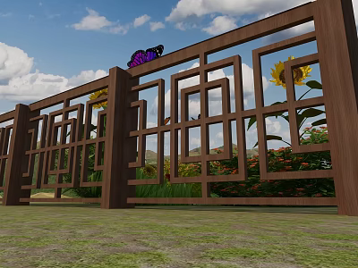 Wooden Garden Fence With Geometric Lattice Design And Sunflowers Under Blue Sky 3d model