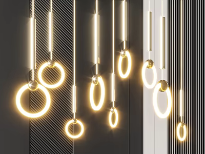 Modern Illuminated Chandeliers With Circular Glowing Rings Hanging On Dark Wall Background 3d model