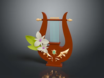 Wooden Lyre Musical Instrument With Golden Decorations White Orchid And Green Leaves 3d model