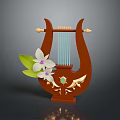 Wooden Lyre Musical Instrument With Golden Decorations White Orchid And Green Leaves