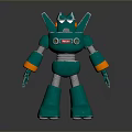 Green Metallic Robot Character With Orange Joint Rings And Red Chest Logo