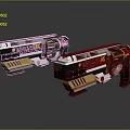 Two Futuristic Pistols With Gold And Silver Accents And Reflective Surface