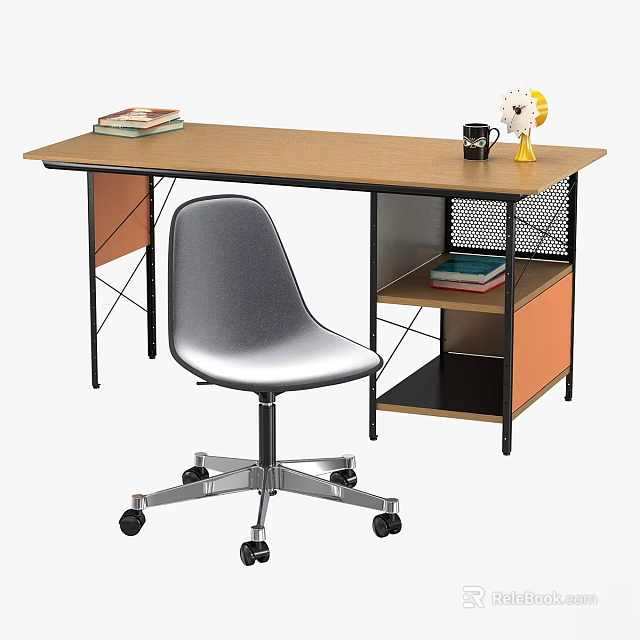 Modern Wooden Desk and Silver Wheeled Chair Set with Black Metal Frame and Storage Shelf 3d model 