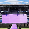Football Stadium Featuring Arched Roof Stand Seats Purple Central Stage Green Pitch And Blue Track