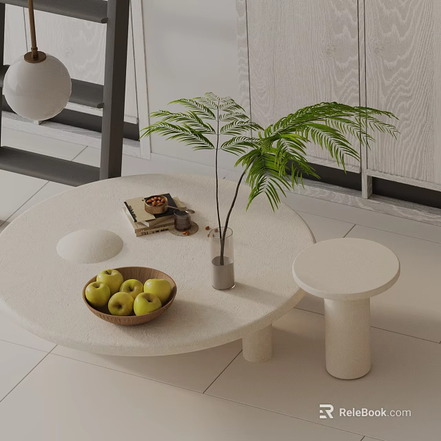 Modern Sofa Coffee Table Set With Round Table Apples Book Glasses Green Plant And Stool 3d model 