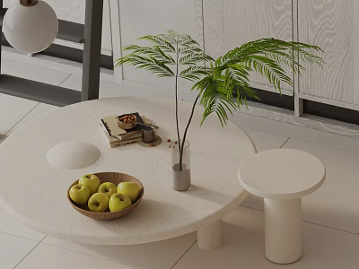 Modern Sofa Coffee Table Set With Round Table Apples Book Glasses Green Plant And Stool 3d model