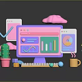 Modern Computer Workspace Setup With Colorful Monitor Data Charts Keyboard Cactus Coffee Cup Geometric Cloud