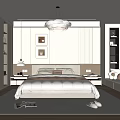 Modern Minimalist Bedroom Interior With Large Bed Wall Paintings Chandelier And Warm Tones