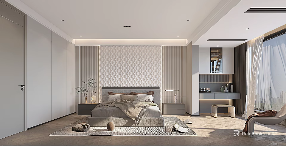 Modern Bedroom Interior With Textured Headboard Wall And Linen Bed 3d model 