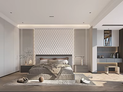 Modern Bedroom Interior With Textured Headboard Wall And Linen Bed 3d model
