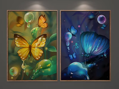 Vibrant Animal Paintings Featuring Yellow Blue Butterflies with Bubbles and Green Leaves on Canvas 3d model