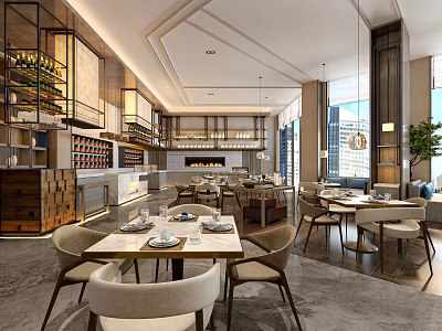 Elegant Modern Restaurant Interior With Wine Racks Fireplace Large Windows Dining Tables And Pendant Lights 3d model