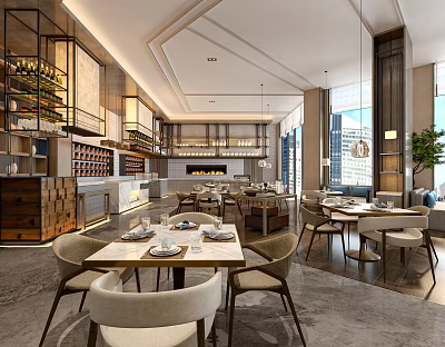 Elegant Modern Restaurant Interior With Wine Racks Fireplace Large Windows Dining Tables And Pendant Lights 3d model
