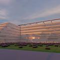 Modern White Multi Story Building Exterior With Green Lawn And Purple Flowers