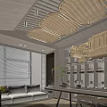 Modern Elegant Open Leisure Area With Orange Walls Wooden Decor Display Shelves And Seating