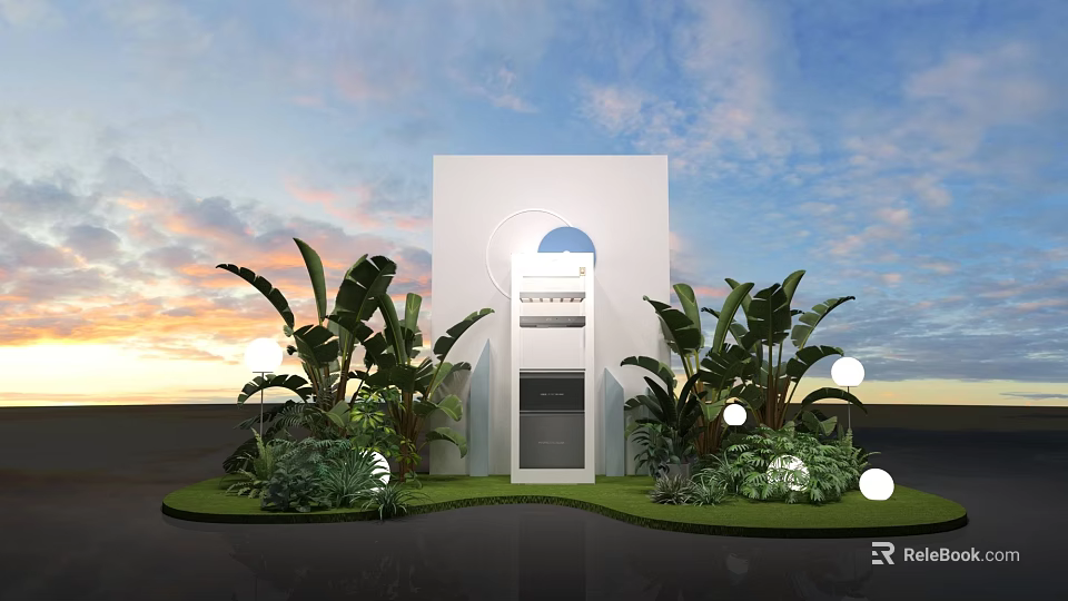 Modern Exhibition Booth With White Structure Circular Opening Green Banana Leaf Plants And Sunset Sky 3d model 