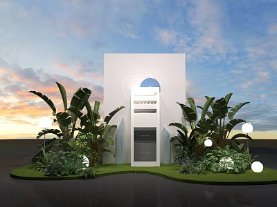 Modern Exhibition Booth With White Structure Circular Opening Green Banana Leaf Plants And Sunset Sky 3d model