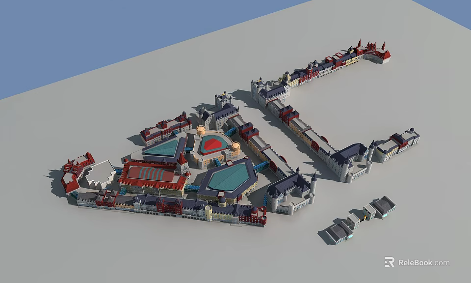 Traditional Commercial Street With Classic Architecture Central Plaza And Red Roof Design 3d model 