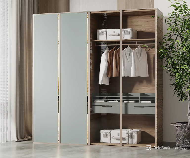Modern Wooden Wardrobe With Glass Doors Interior Hanging Shirts Drawers Storage Boxes 3d model 