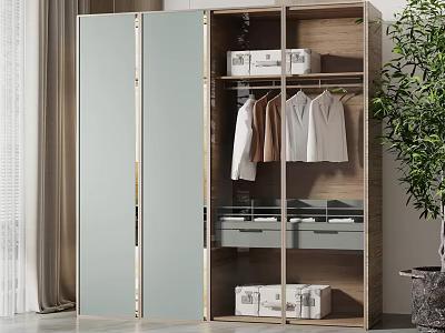 Modern Wooden Wardrobe With Glass Doors Interior Hanging Shirts Drawers Storage Boxes 3d model