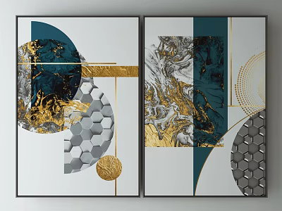 Abstract Wall Art With Geometric Shapes Gold Accents And Marble Texture 3d model