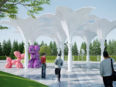 White Petal Shaped Pergola With Green Trees Sculptures And People Walking 3d model