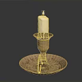 Lit White Candle Placed On Copper Candlestick With Decorative Tray Base And Smooth Surface 3d model