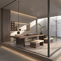 Modern Tea Room Interior With Open Design Wooden Table Stone Stools And Natural Light