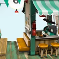 Cartoon Scene Floating Coffee Stand With Green Striped Awning Small Flags Wooden Platform Mechanical Support