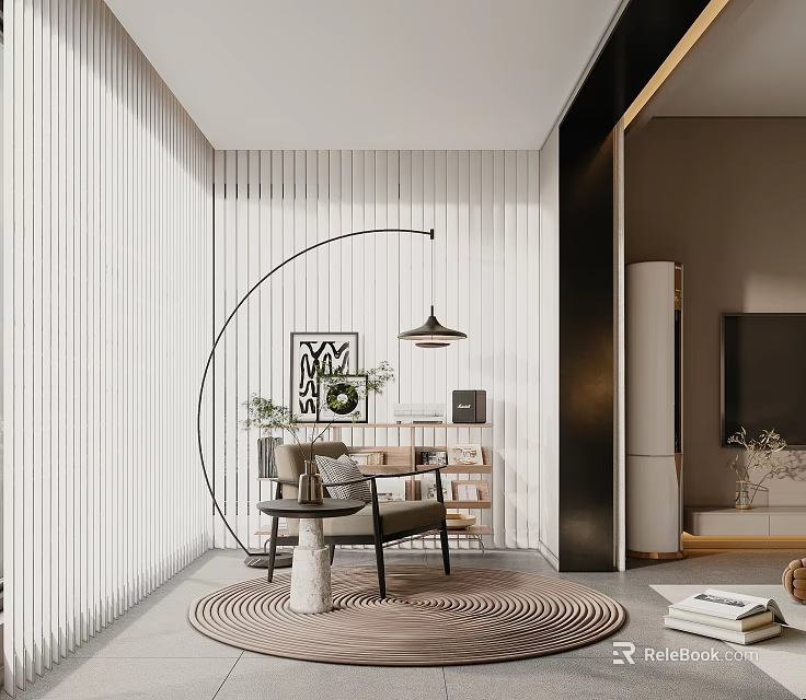 Modern Living Room Interior With Arc Floor Lamp And Circular Rug 3d model 