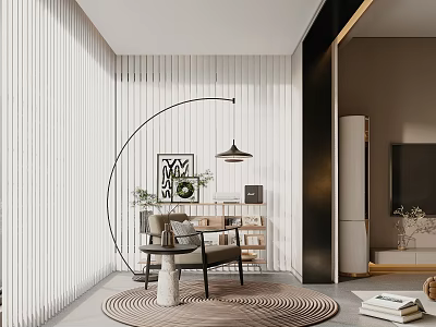 Modern Living Room Interior With Arc Floor Lamp And Circular Rug 3d model