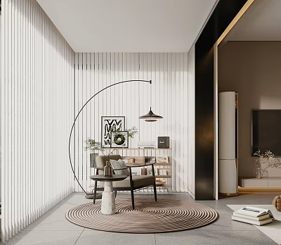 Modern Living Room Interior With Arc Floor Lamp And Circular Rug 3d model