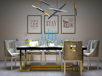 Modern Dining Table And Chairs Set With Striped Fabric Seats Golden Metal Legs And Wall Decor Paintings 3d model