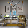 Modern Dining Table And Chairs Set With Striped Fabric Seats Golden Metal Legs And Wall Decor Paintings