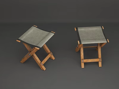 Two Foldable Stools With Wooden Legs And Gray Mesh Seat Design 3d model