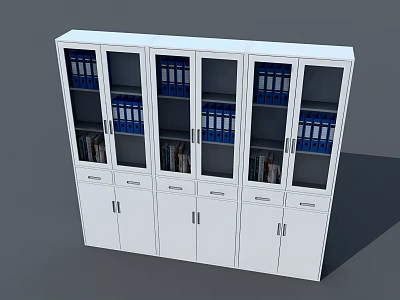 White Bookcase With Glass Doors Blue Folders Books Drawers And Cabinets 3d model