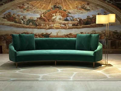 Green Multi Seater Sofa In Room With Ornate Mural And Floor Lamp On Stone Floor 3d model