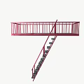 Red Metal Staircase With Railing And Upper Landing Platform Structure 3d model